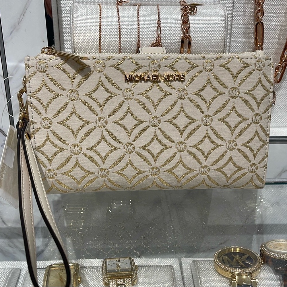 Michael Kors Jet Set Travel Large Double-Zip Wristlet-Wallet-PhoneHolder Pale Gl